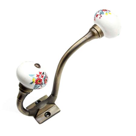 White Floral Leafy Painted Antique Iron Hook